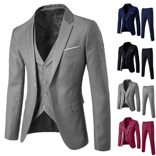 NEW Fashion Formal Set Men’s Slim 3-Piece Suit Blazer Business Wedding Party Jacket Vest & Pants Plus Size S-3XL Freeship костюм