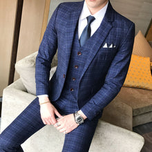 Load image into Gallery viewer, Loldeal Male Formal Business Plaids Suit for Men's Fashion Boutique Plaid Wedding Dress Suit  ( Jacket + Vest + Pants )