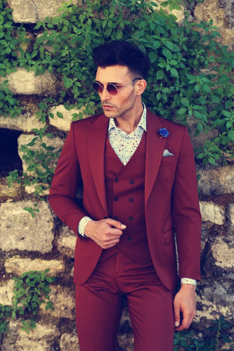 Made Suits Burgundy 3 Set Suit Men Slim Fit Business Formal Suits for Wedding Brand Tailor Made Suits (Blazer+Vest+Pants+Tie)