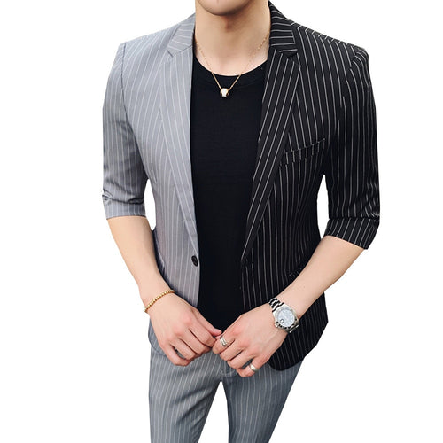 2019 spring summer new Korean men's splice suits five-point sleeves suit nine points pants striped hair stylist blazer + pants