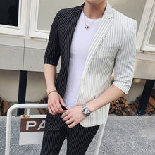 Load image into Gallery viewer, 2019 spring summer new Korean men's splice suits five-point sleeves suit nine points pants striped hair stylist blazer + pants
